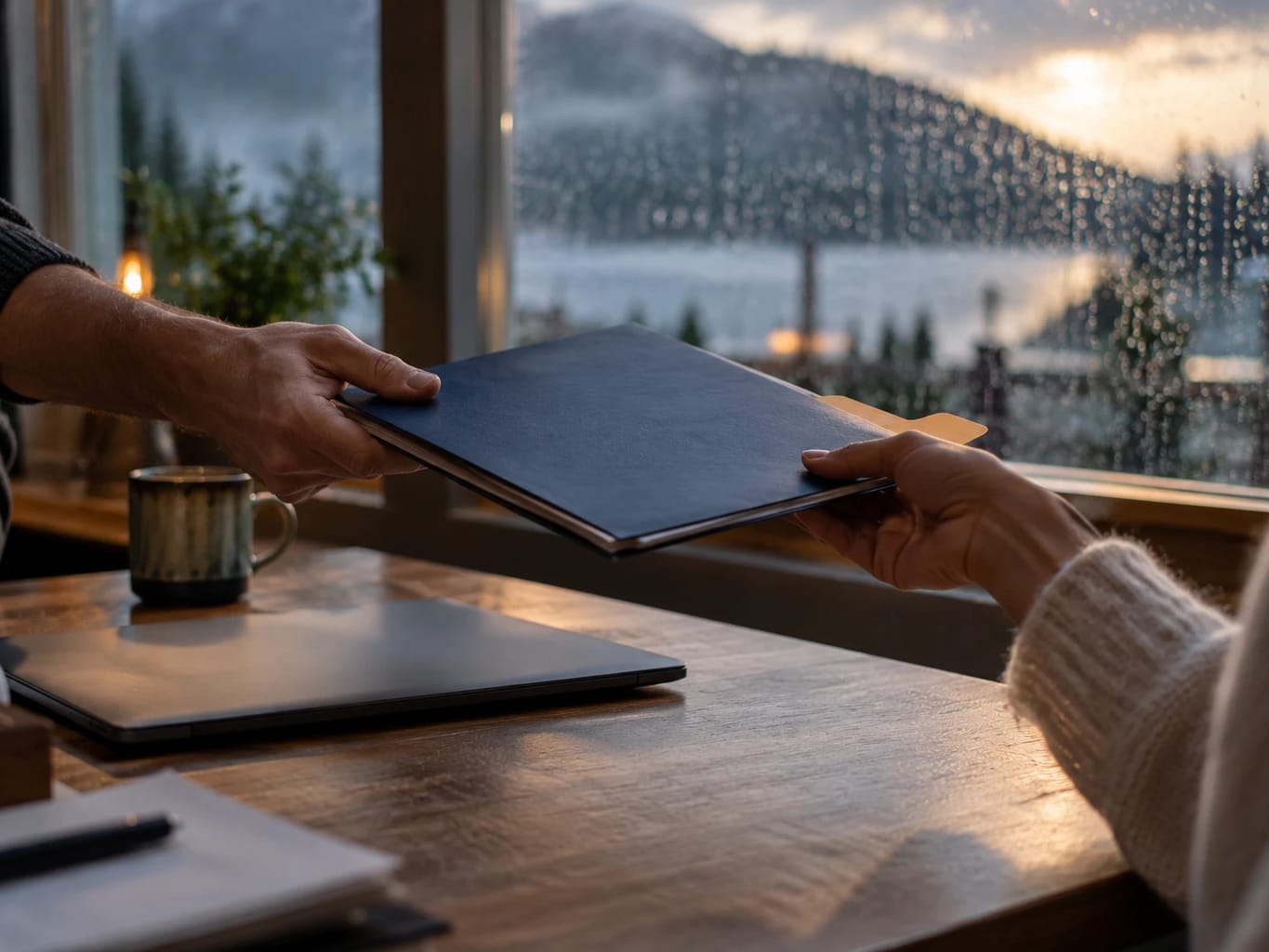 Hands passing a navy folder across a desk by a rainy window, a closed laptop and a mug beside it